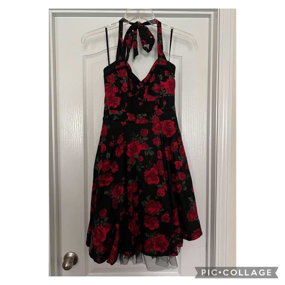 Hot Topic Rose Print Floral Tulle Dress Black Red Size Small